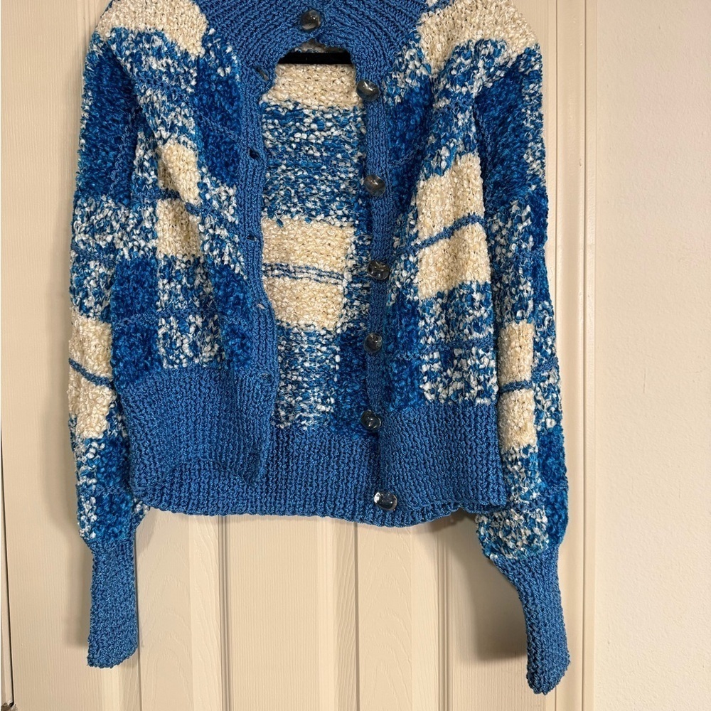 Electric Blue & White hand knit  plaid pattern cardigan  jacket m/l